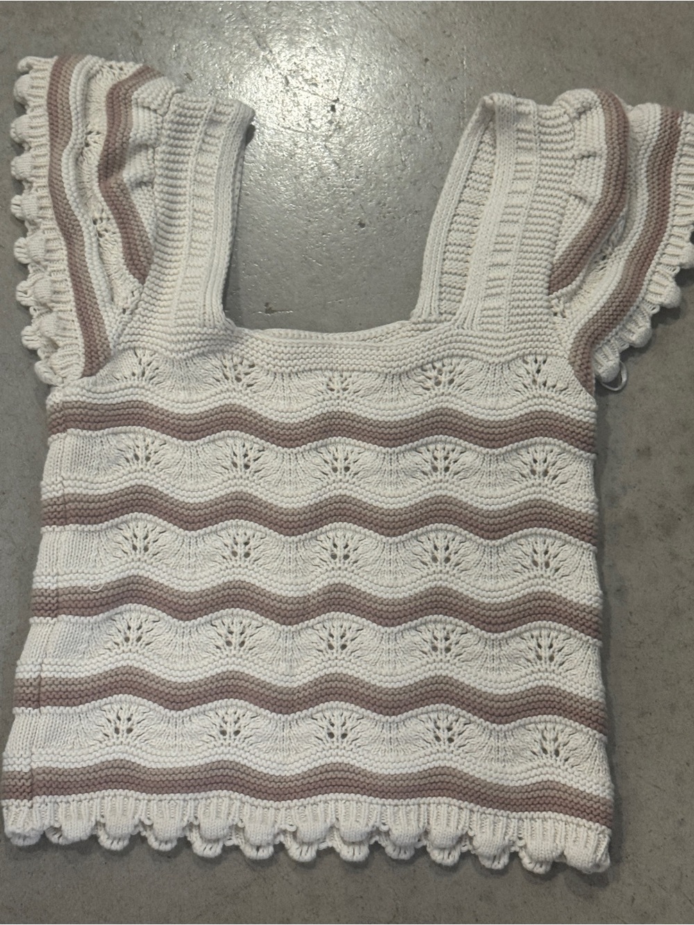 Women's Crochet Square-Neck Tank Top - Cream with Dusty Rose Stripes